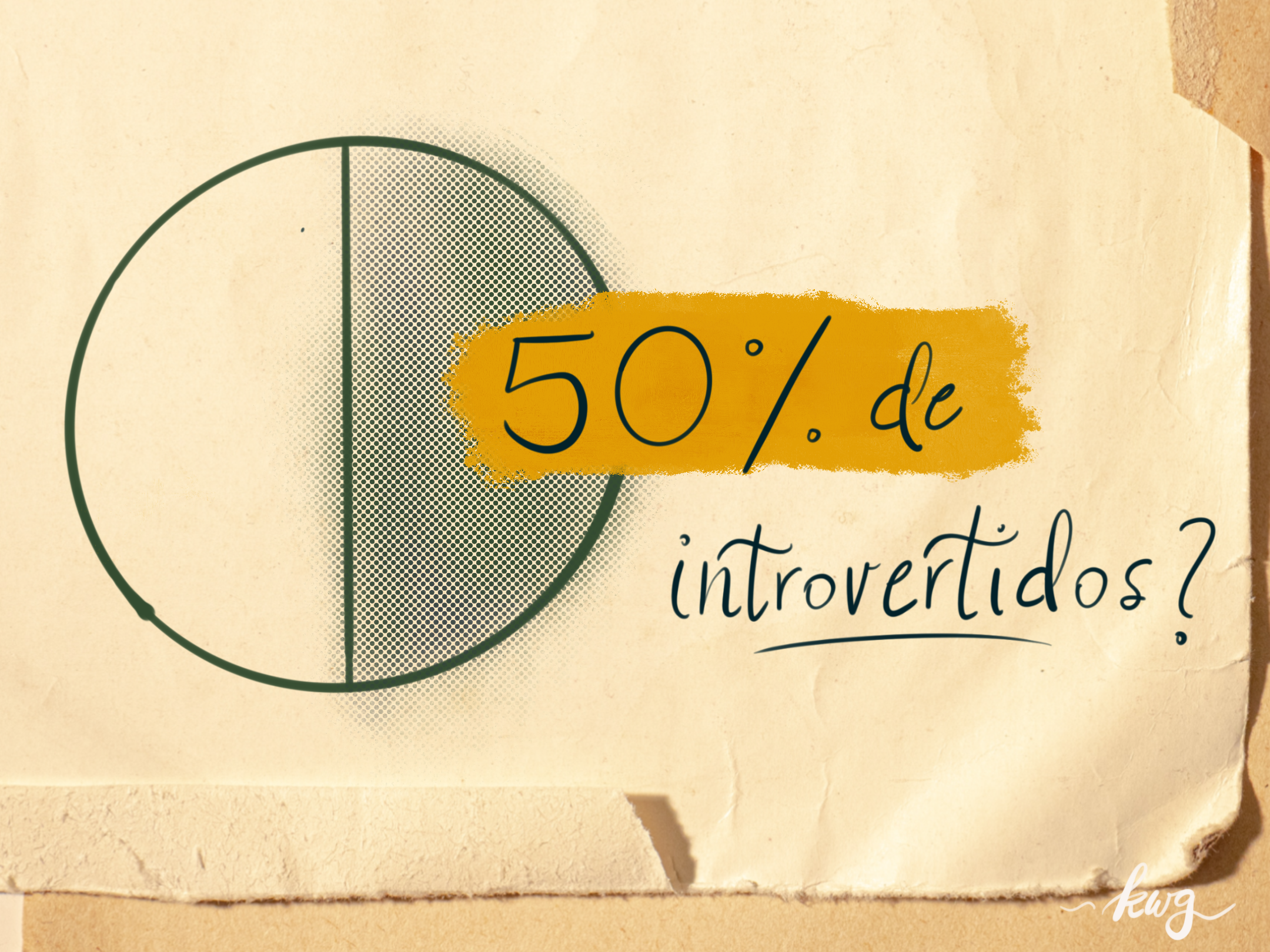 Gráfico de pizza dividido no meio, com o texto: "50% de introvertidos?"